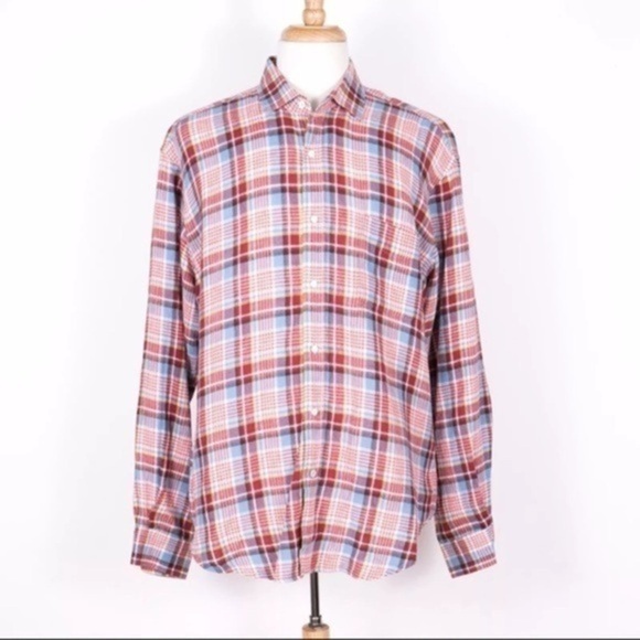 J. McLaughlin Linen Red/Blue Plaid Casual Button Up Shirt - SZ L - Picture 1 of 11